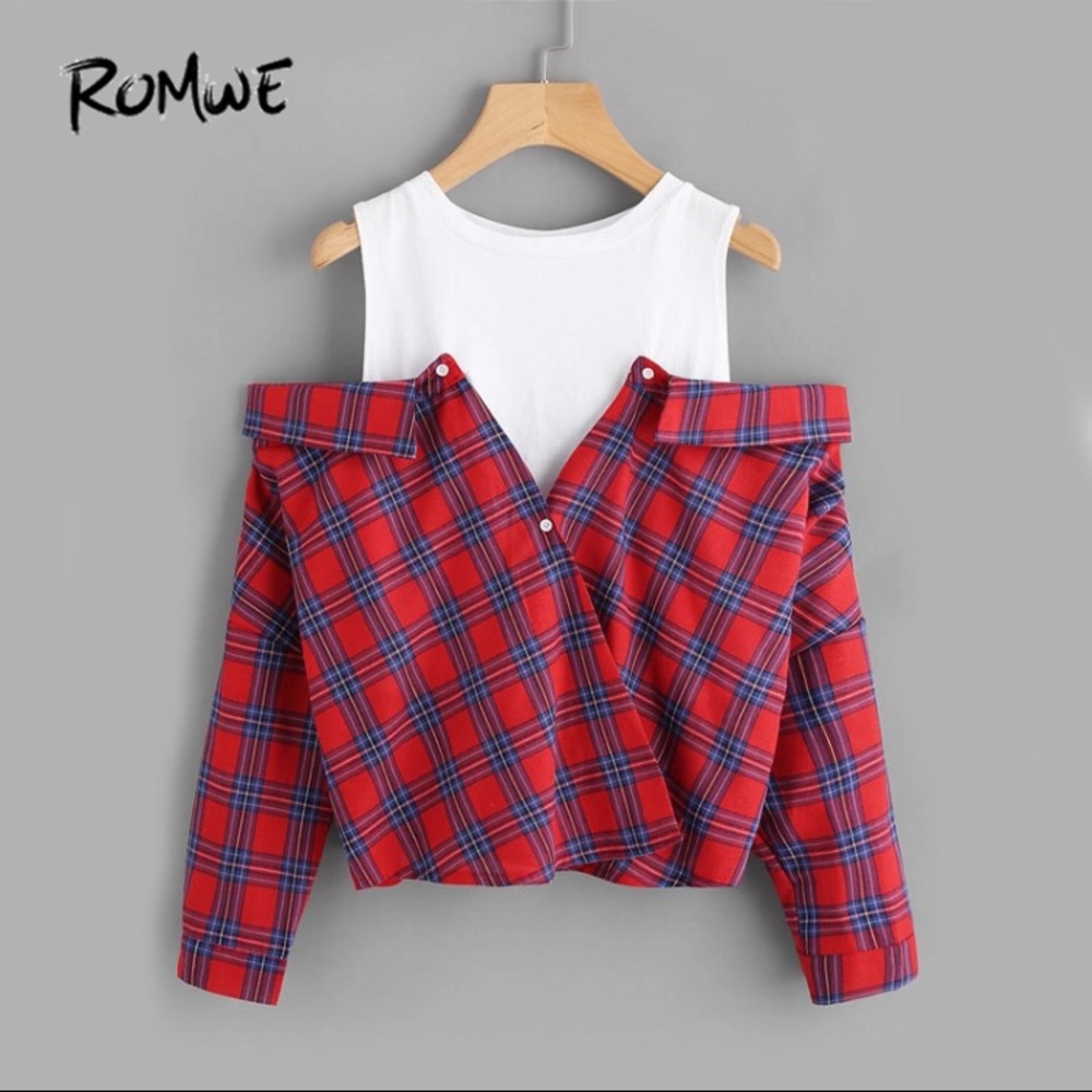 Open shoulder plaid shirt